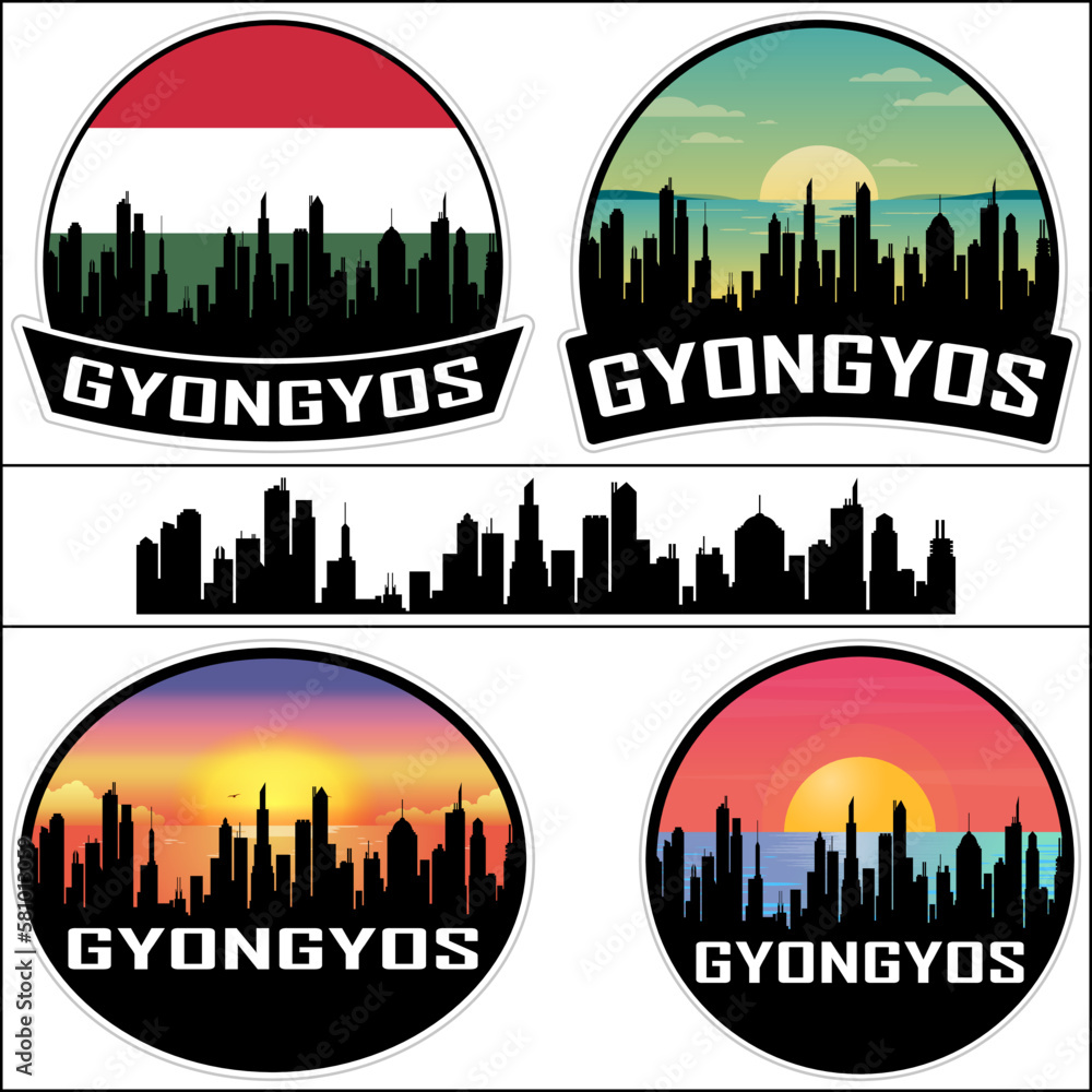 Gyongyos Skyline Silhouette Hungary Flag Travel Souvenir Sticker Sunset Background Vector Illustration SVG EPS AI