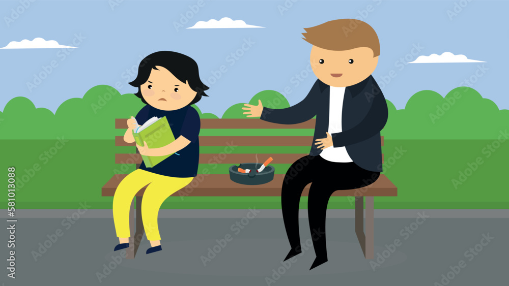 Man and boy sitting on a bench near the ashtray with a cigarette in the park. Vector illustration Man and boy sitting on a bench near the ashtray with a cigarette in the park. Vector illustration