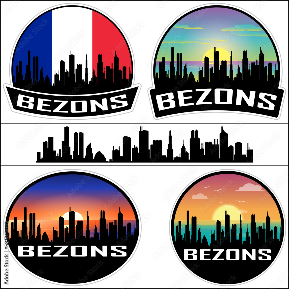 Bezons Skyline Silhouette France Flag Travel Souvenir Sticker Sunset Background Vector Illustration SVG EPS AI