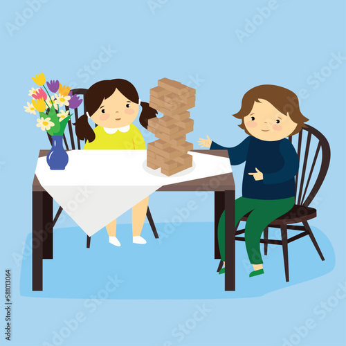 Girl and boy sitting at table and playing Jenga. Vector illustration.