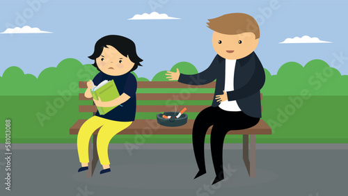 Man and boy sitting on a bench near the ashtray with a cigarette in the park. Vector illustration