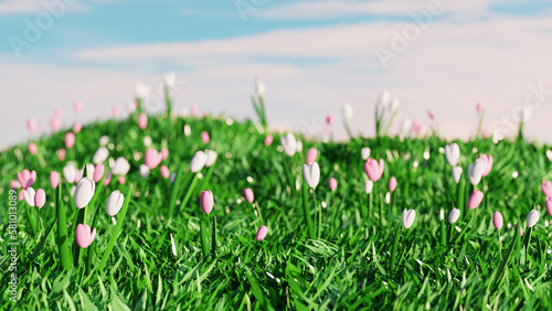 Easter landscape with tulip flowers on field. 3d render