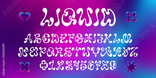 Retro futuristic Y2K liquid font, perfect for designs with a vintage or futuristic theme. Vector psychedelic alphabet letters and numbers