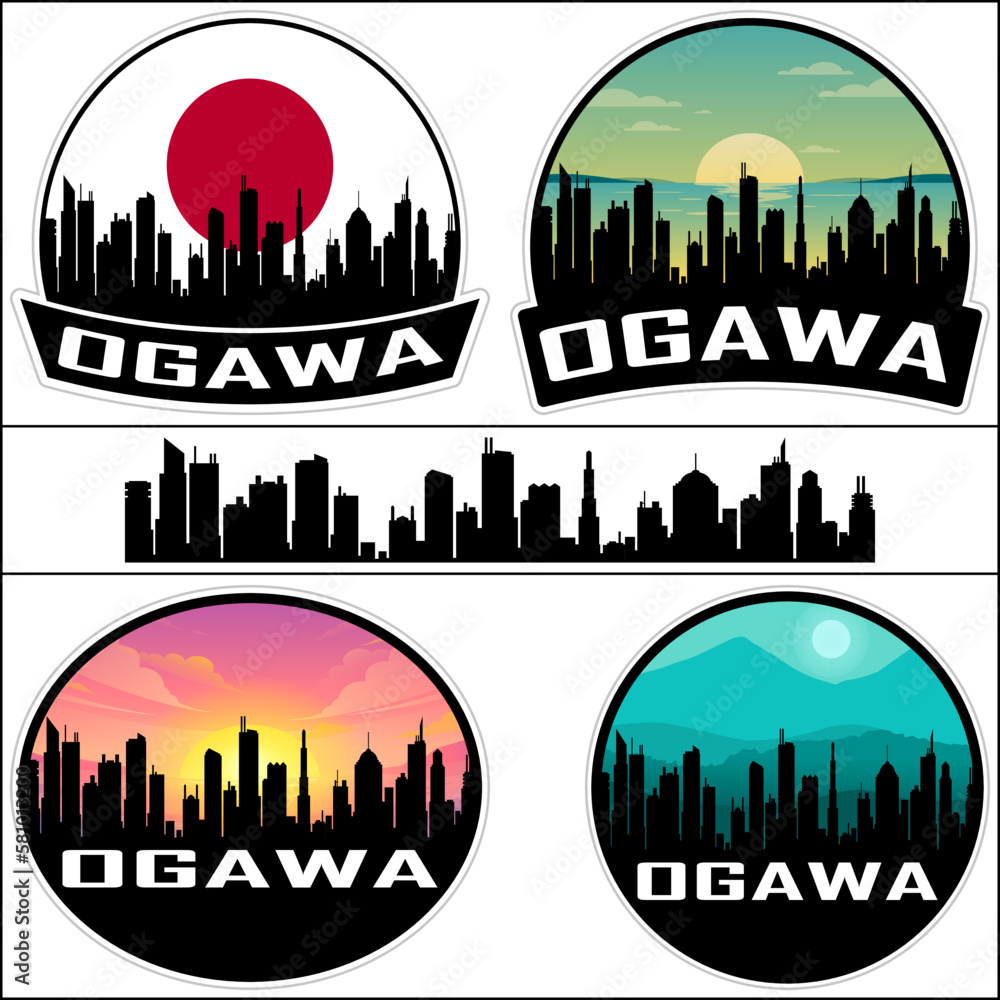 Ogawa Skyline Silhouette Japan Flag Travel Souvenir Sticker Sunset Background Vector Illustration SVG EPS AI