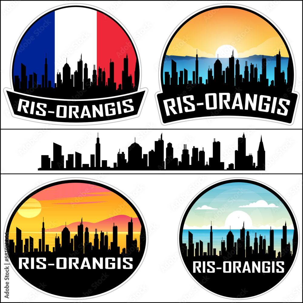 Ris Orangis Skyline Silhouette France Flag Travel Souvenir Sticker Sunset Background Vector Illustration SVG EPS AI