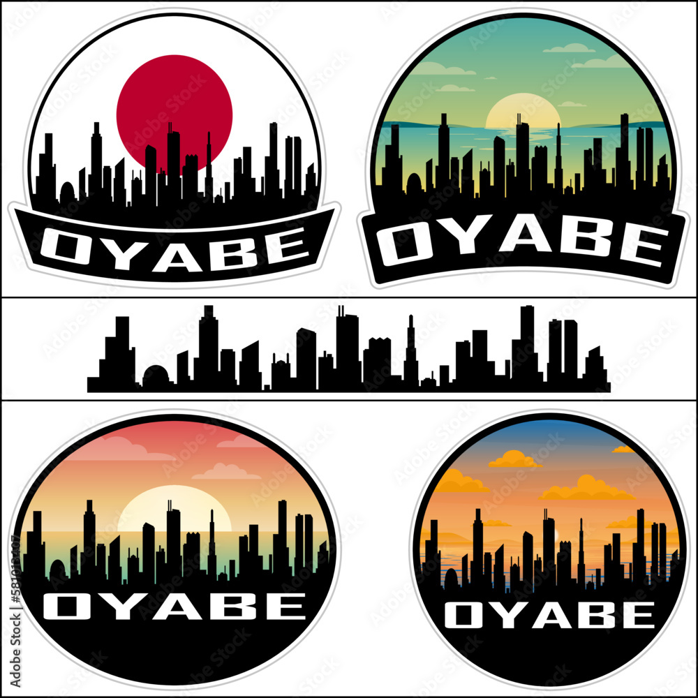 Oyabe Skyline Silhouette Japan Flag Travel Souvenir Sticker Sunset Background Vector Illustration SVG EPS AI