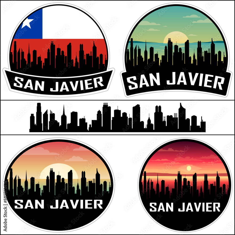 San Javier Skyline Silhouette Chile Flag Travel Souvenir Sticker Sunset Background Vector Illustration SVG EPS AI