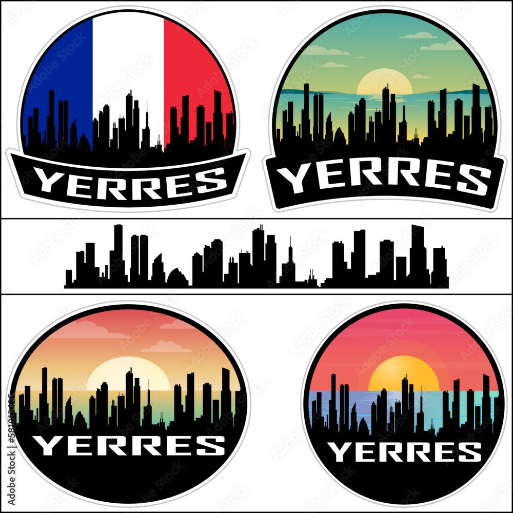 Yerres Skyline Silhouette France Flag Travel Souvenir Sticker Sunset Background Vector Illustration SVG EPS AI