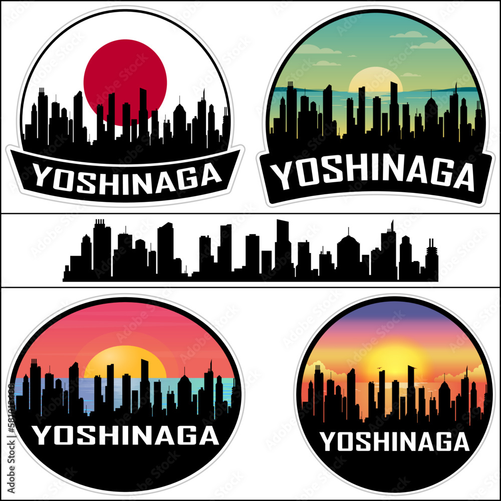 Yoshinaga Skyline Silhouette Japan Flag Travel Souvenir Sticker Sunset Background Vector Illustration SVG EPS AI