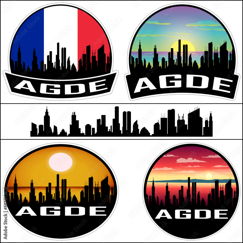 Agde Skyline Silhouette France Flag Travel Souvenir Sticker Sunset Background Vector Illustration SVG EPS AI