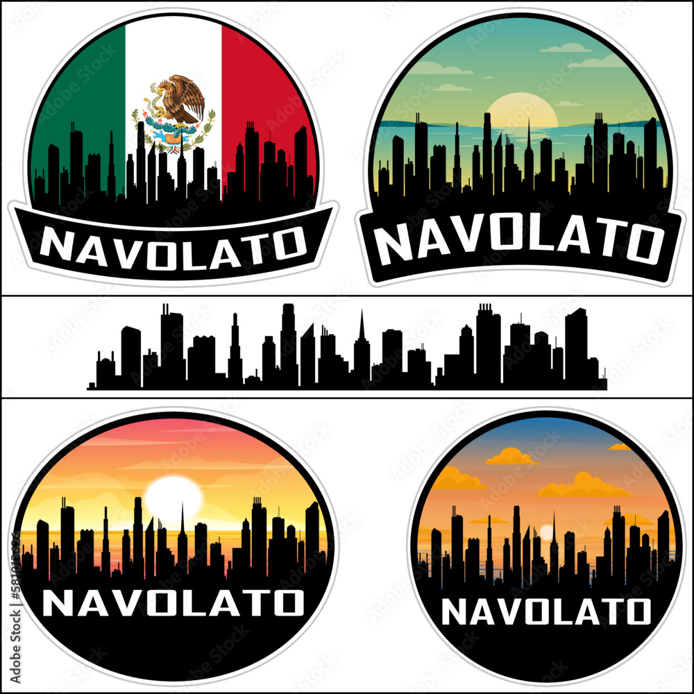 Navolato Skyline Silhouette Mexico Flag Travel Souvenir Sticker Sunset Background Vector Illustration SVG EPS AI