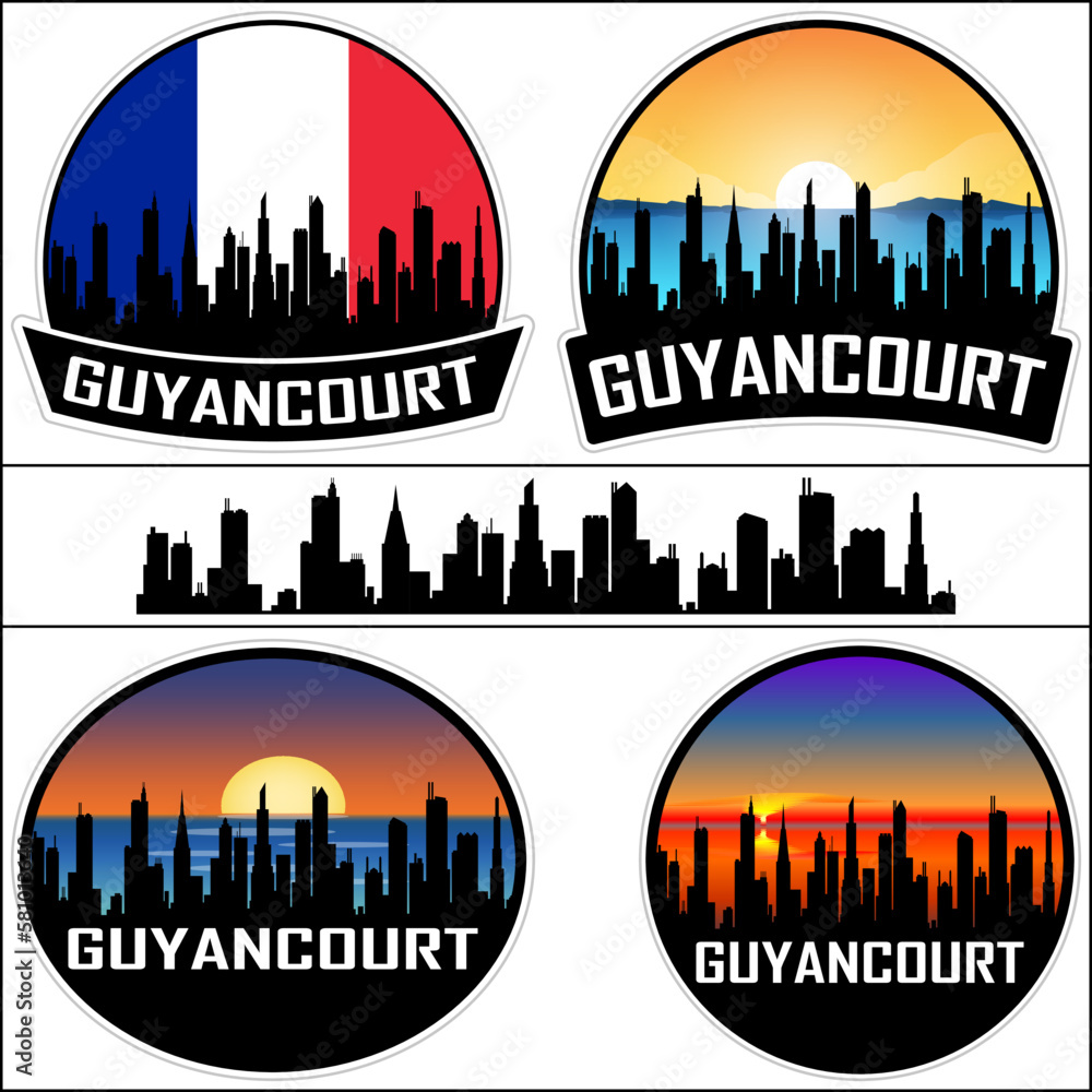 Guyancourt Skyline Silhouette France Flag Travel Souvenir Sticker Sunset Background Vector Illustration SVG EPS AI