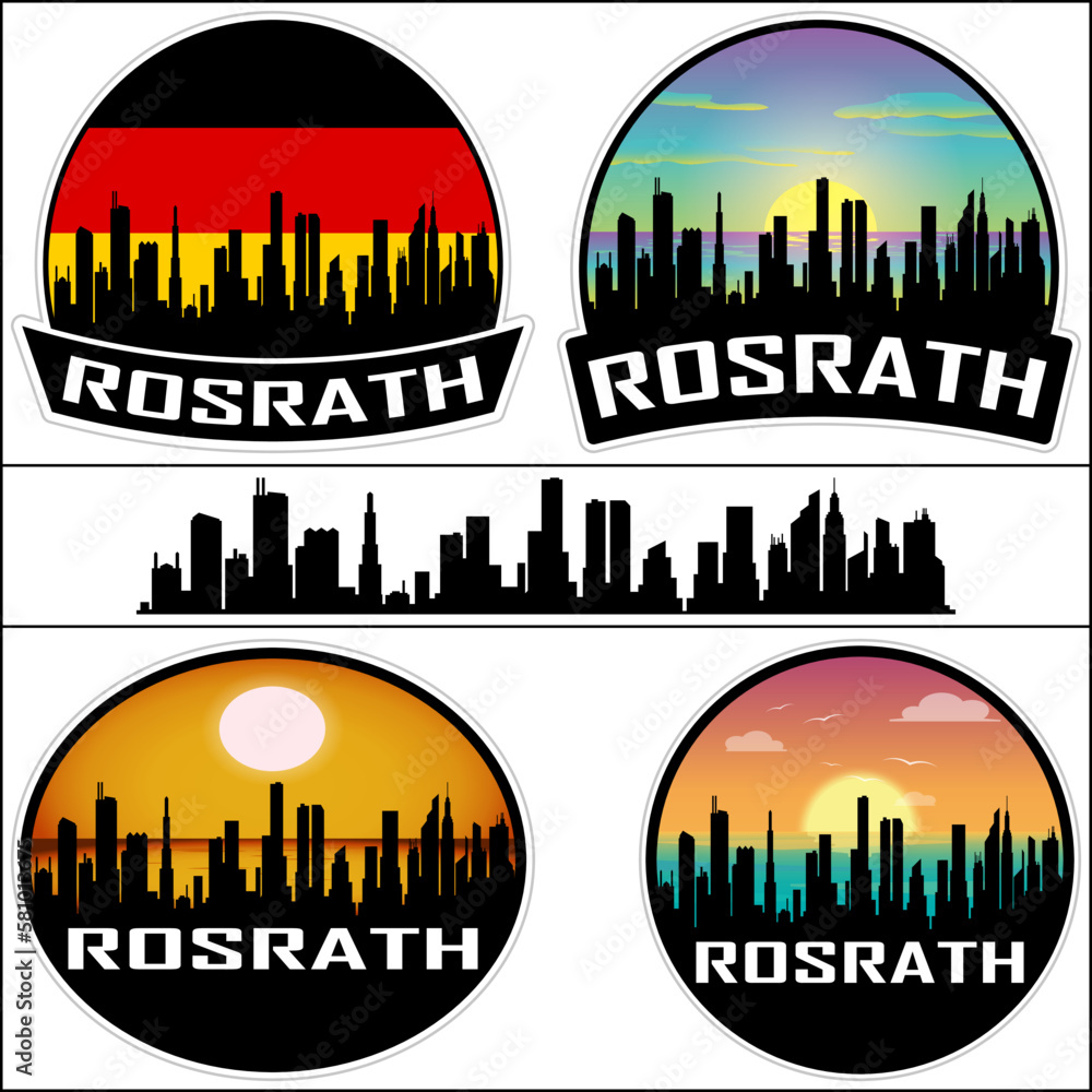 Rosrath Skyline Silhouette Germany Flag Travel Souvenir Sticker Sunset Background Vector Illustration SVG EPS AI