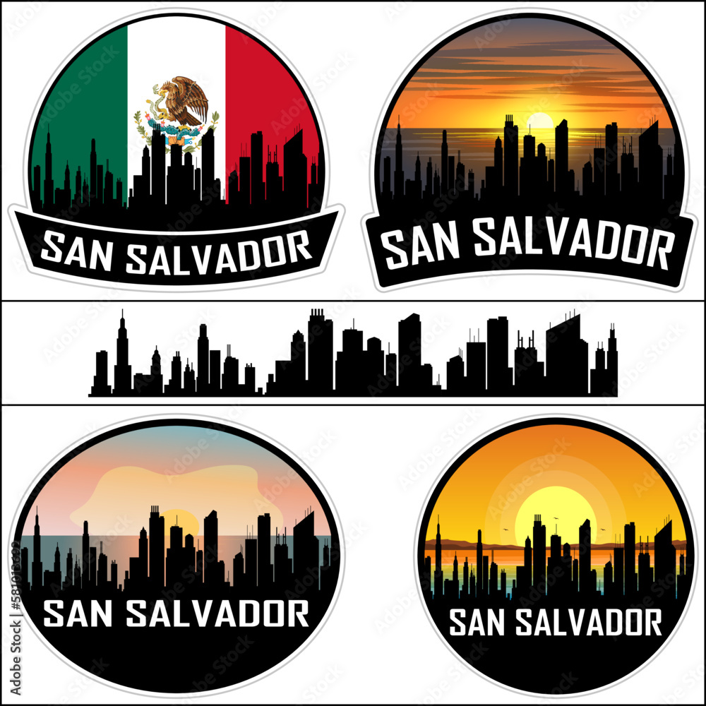 San Salvador Skyline Silhouette Mexico Flag Travel Souvenir Sticker Sunset Background Vector Illustration SVG EPS AI