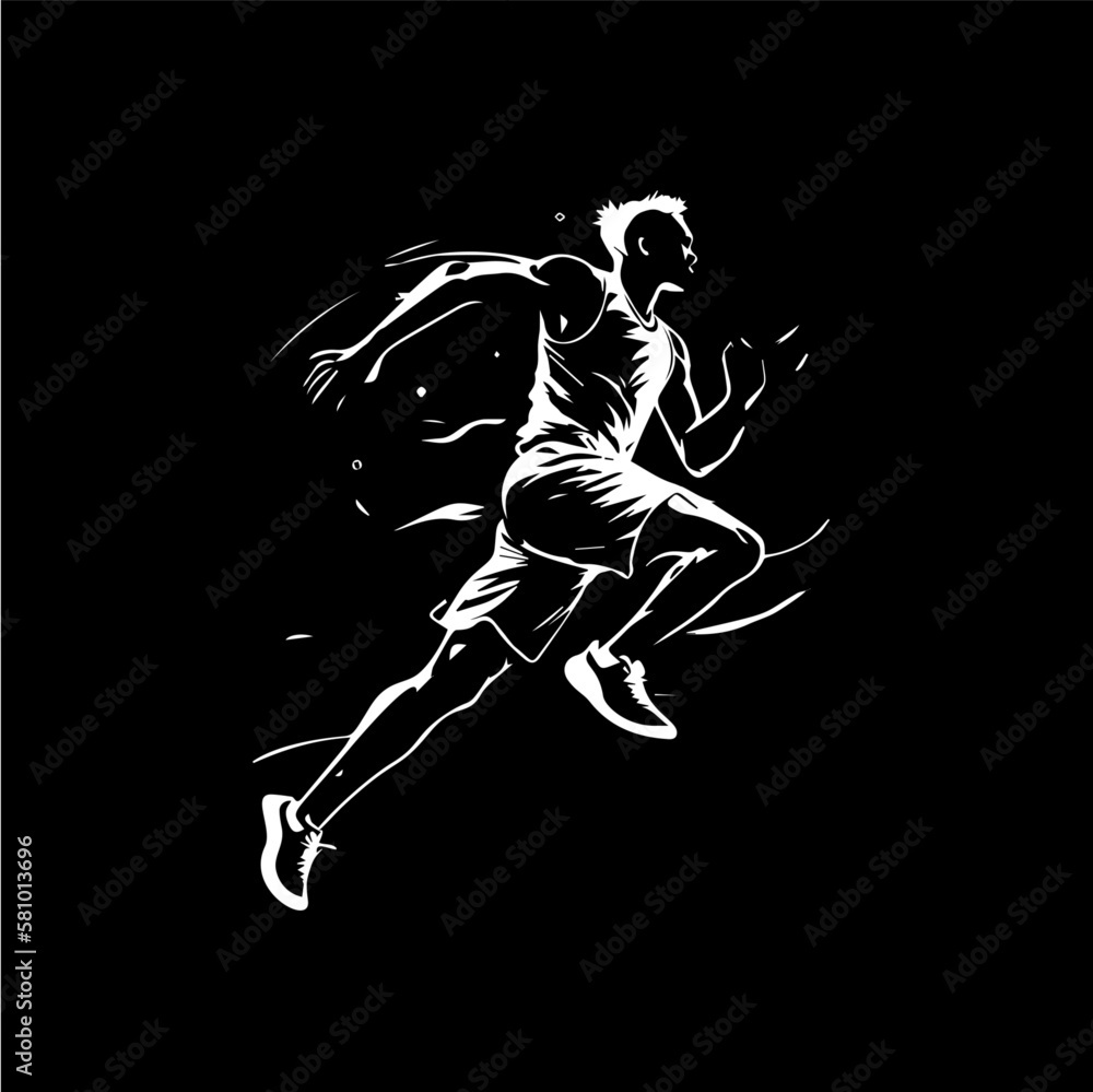 White icon of runner silhouette on black background, sport logo template, jogging or jumping modern logotype concept, t-shirts print, tattoo, infographic. Vector illustration White icon of runner silhouette on black background, sport logo template, jogging or jumping modern logotype concept, t-shirts print, tattoo, infographic. Vector illustration