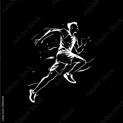 White icon of runner silhouette on black background, sport logo template, jogging or jumping modern logotype concept, t-shirts print, tattoo, infographic. Vector illustration