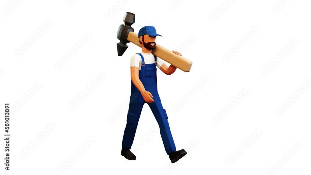 3d workman walking with large hammer. Low-poly Cartoon handyman with hammer. 3d looped animation with alpha channel 3d workman walking with large hammer. Low-poly Cartoon handyman with hammer. 3d looped animation with alpha channel