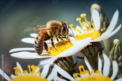 A flying honey bee collects pollen on a white flower. Close-up. Generative AI