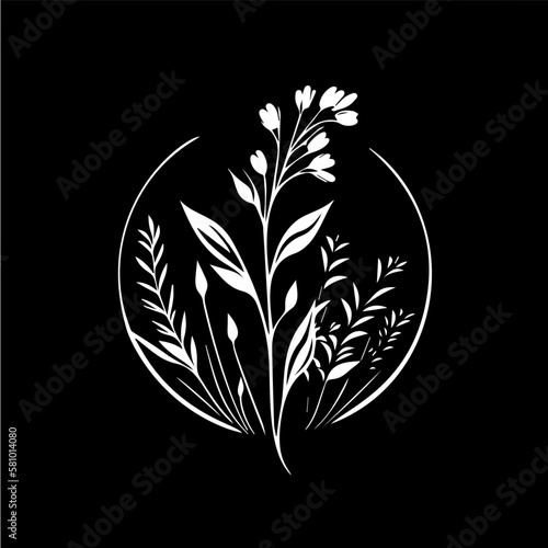 White icon of hand drawn sketch dry herbs silhouette on black background, modern boho logo template, t-shirt print, nature minimalist label, tattoo template. Isolated vector illustration