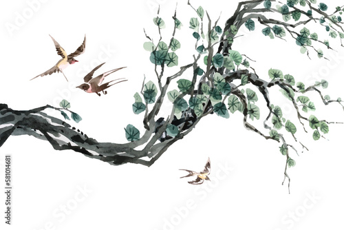 watercolor painting of chinese style branch and swallow 