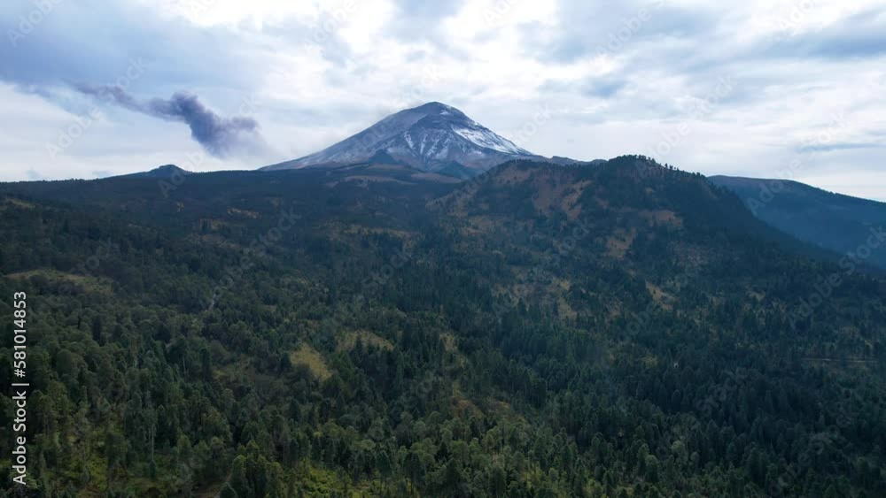 Descending drone shot of volcanic fumarole at Popocatepetl in Mexico and surrounding forest Descending drone shot of volcanic fumarole at Popocatepetl in Mexico and surrounding forest