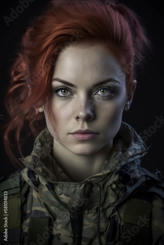 Woman Soldier Portrait. RedHead. Generative AI