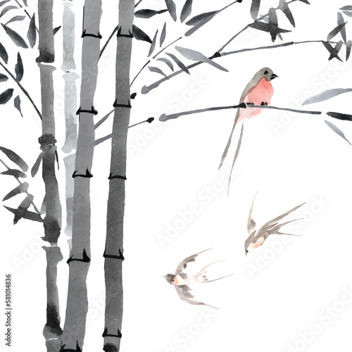 watercolor painting of chinese style bamboo and swallow