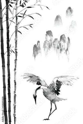 watercolor painting bamboo and crane in chinese style 