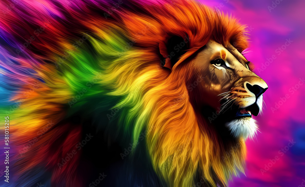  A colorful abstract portrait lion. Generative AI.