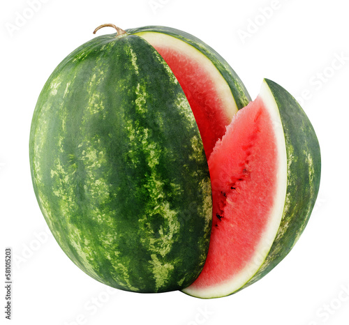Ripe watermelon with cut slice isolated on transparent background