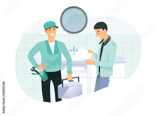 plumber holding a toolbox, standing next to a customer who is looking at a bill. conveying a positive service interaction.