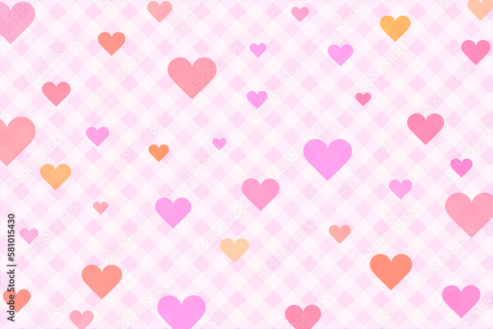Cute pink checkered background with pink and orange hearts scattered throughout
