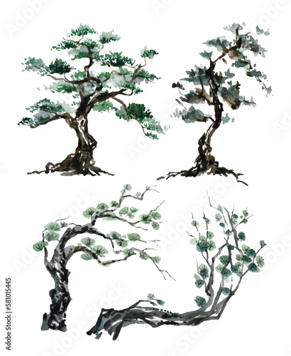 watercolor painting trees chinese brush style