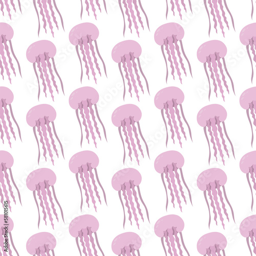 Pink medusa. Eared Aurelia. Seamless vector pattern. Endless ornament of marine invertebrates with tentacles. Flat style. Isolated background. Ocean dweller. Idea for web design.