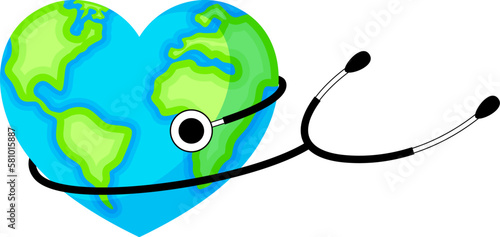 World heart day concept. Globe in heart shape design with stethoscope. Health care concpt. World health day, vector illustration.