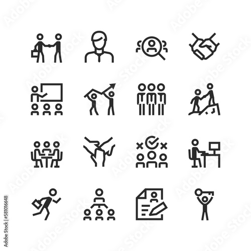 Business and people, linear style icon. Team work, Human resource, Job hunting and employee, interview, job placement, workplace. Working together to achieve a goal. Editable stroke width