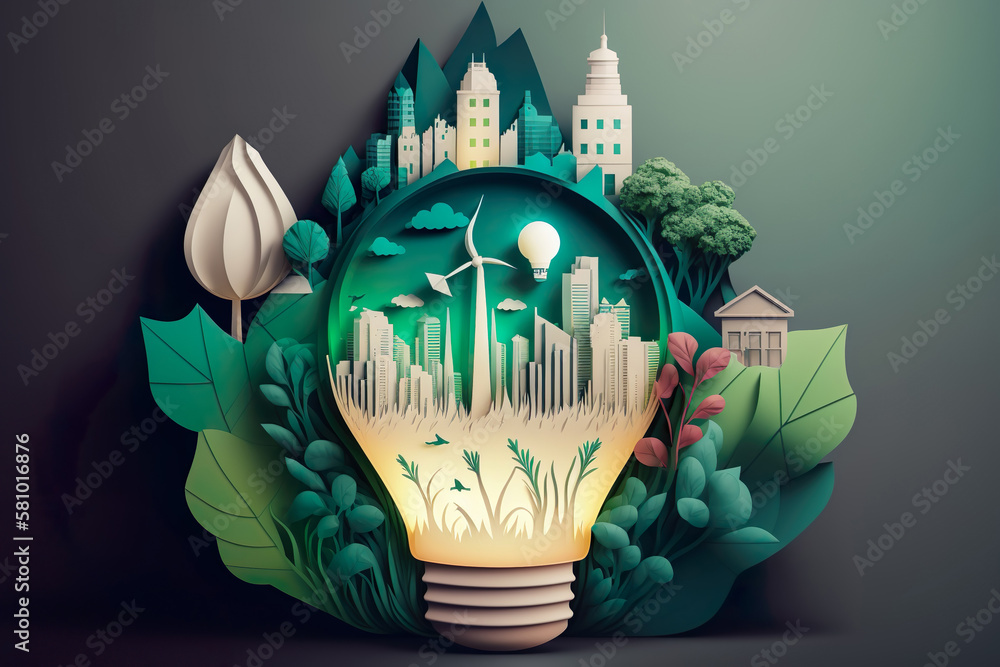 Paper cut of light bulb with green eco city , Renewable energy by 2050 Carbon neutral energy or greenhouse gas emission CO2 , Save energy creative idea concept , Generative Ai - obrazy, fototapety, plakaty 
