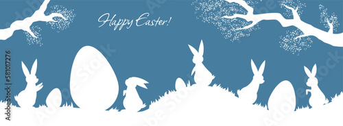 Collection of white rabbits and eggs scene in silhouettes for Easter Holiday. decorative animals, symbols of the celebration, vector graphic decorations.