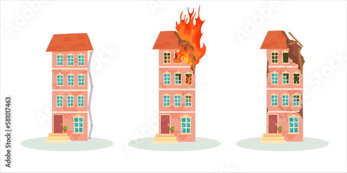 A destroyed building after a fire or an earthquake. Ruined city buildings after the war. Damaged city with old broken dilapidated housing. Vector illustration isolated on white background.