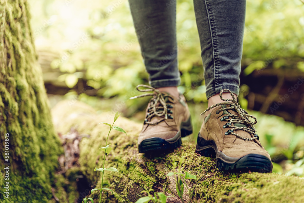 Close up of hiker feet and hiking boots on wood log in forest. Woman walking and wearing trekking shoes. Close up of hiker feet and hiking boots on wood log in forest. Woman walking and wearing trekking shoes.