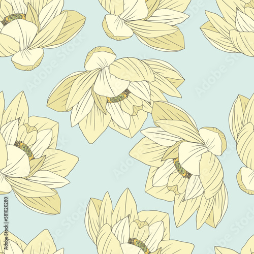 Pastel Flowers, Floral Hand Drawn Sketch Seamless Pattern Background © Artalia