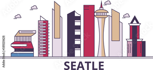 United States, Seattle City tourism landmarks, vector city travel illustration