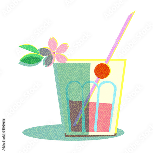 Illustration, Cherry soft drink in a glass, cocktail. Sakura, spring. Stickers, stickers, badges, advertising.