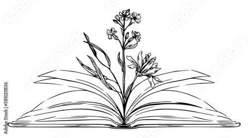 Open Book with Flowers Inside, Hand Drawn Sketch Illustration