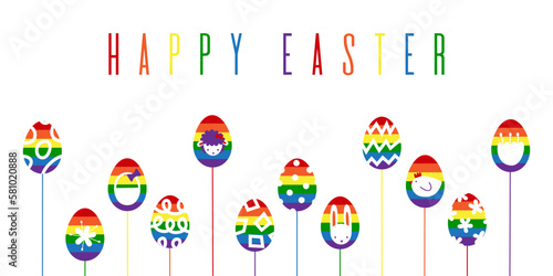 Happy Easter rainbow banner with eggs on sticks and holiday symbols in pride lbgt colors. Abstract modern graphic minimalistic vector flat illustration.