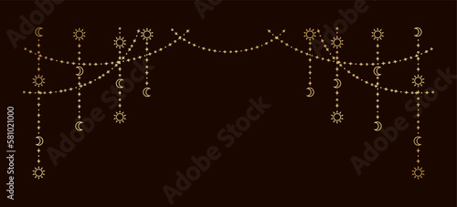 Gold mystic celestial hanging garland with sun, stars, moon phases, crescents. Ornate bohemian magical curtain decorative element