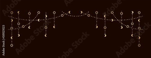 Gold mystic celestial hanging garland with sun, stars, moon phases, crescents. Ornate bohemian magical curtain decorative element