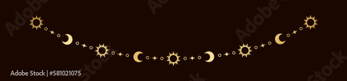 Gold mystic celestial hanging garland with sun, stars, moon phases, crescents. Ornate bohemian magical curtain decorative element
