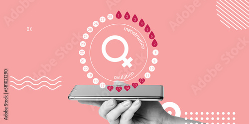 Menstrual cycle above smartphone screen in hand of woman on pink background. Contraception, pregnancy planning concept. Modern technologies for women's health. Minimalistic collage photo