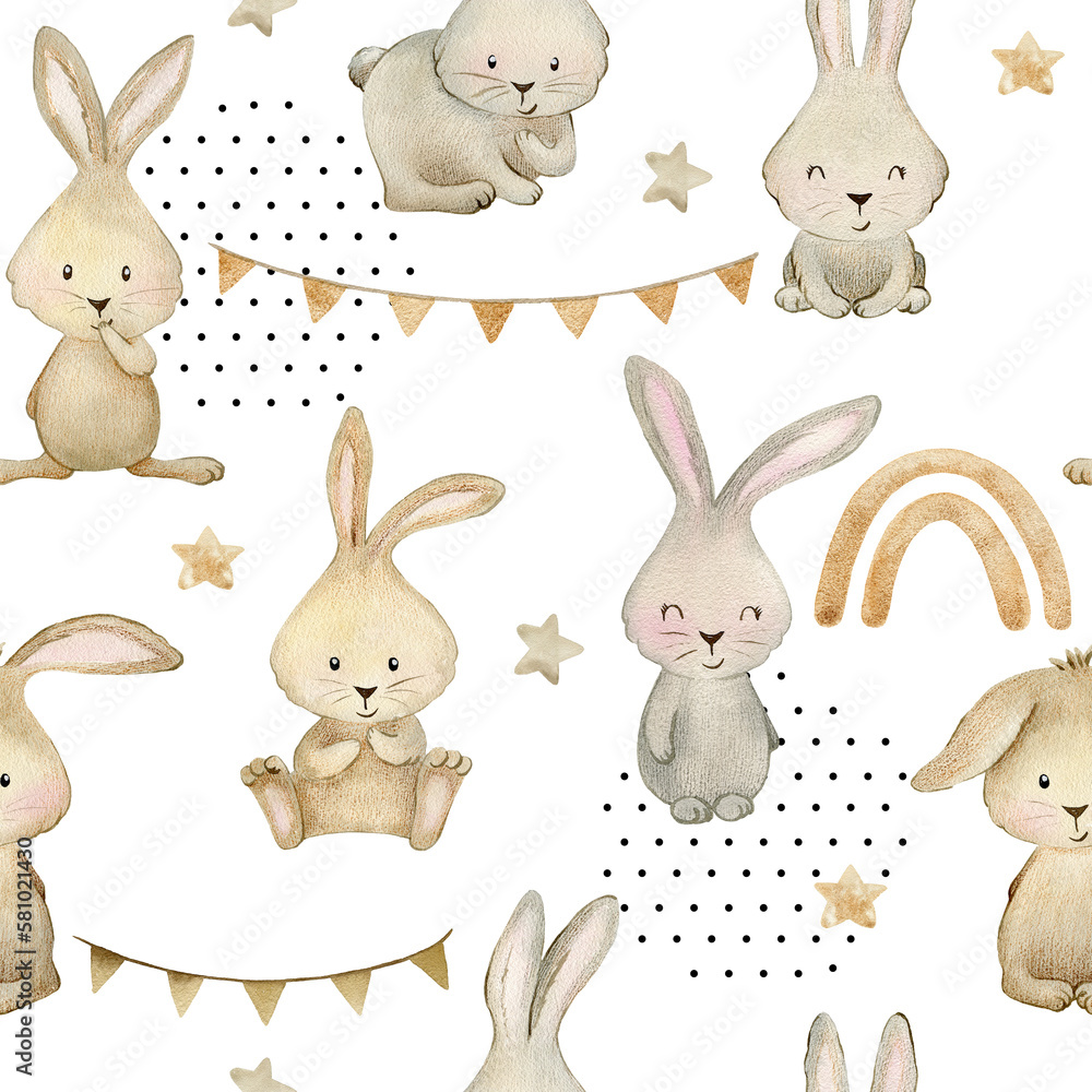 Watercolor cute seamless pattern with bunnies. Hand drawn illustration ...